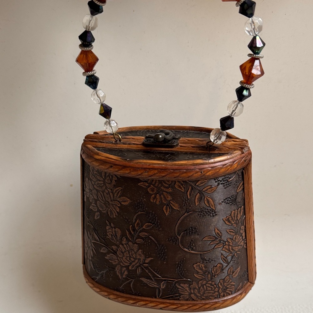 Brown Floral Embossed Mini Handbag with Beaded Handle - Picture 8 of 8